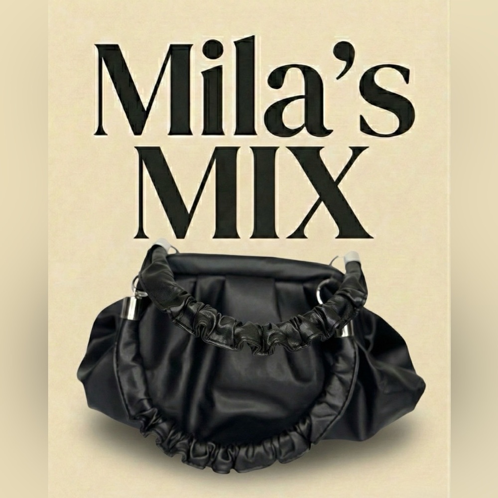 Black Ruched Top Handle Dumpling Bag Soft Vegan Leather Cloud Purse - Picture 7 of 7